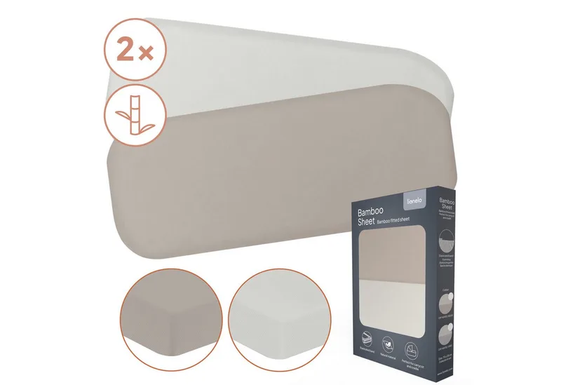 Bamboo Sheet set van 2 hoeslaken 70x28 cm voor wieg & reiswieg – lakentjes voor babybedje – bamboe viscose, met elastiek, ademend & zacht – geschikt voor matrassen tot 10 cm – milieuvriendelijk by Lionelo in Beige – product photo 2 of 5