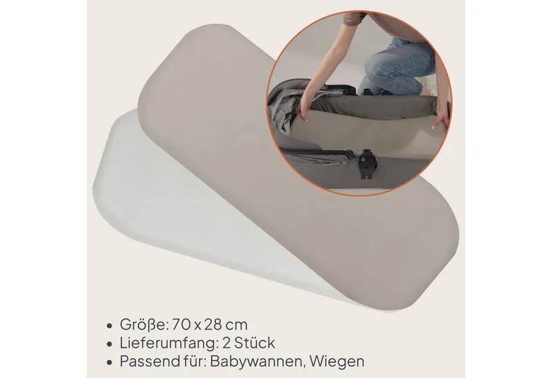 Bamboo Sheet set van 2 hoeslaken 70x28 cm voor wieg & reiswieg – lakentjes voor babybedje – bamboe viscose, met elastiek, ademend & zacht – geschikt voor matrassen tot 10 cm – milieuvriendelijk by Lionelo in Beige – product photo 3 of 5