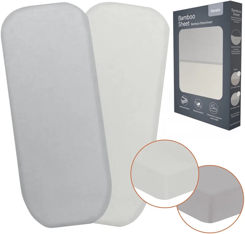 Bamboo Sheet set van 2 hoeslaken 70x28 cm voor wieg & reiswieg – lakentjes voor babybedje – bamboe viscose, met elastiek, ademend & zacht – geschikt voor matrassen tot 10 cm – milieuvriendelijk van Lionelo in Grijs – productfoto 1 van 5