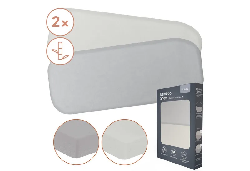 Bamboo Sheet set van 2 hoeslaken 70x28 cm voor wieg & reiswieg – lakentjes voor babybedje – bamboe viscose, met elastiek, ademend & zacht – geschikt voor matrassen tot 10 cm – milieuvriendelijk van Lionelo in Grijs – productfoto 2 van 5