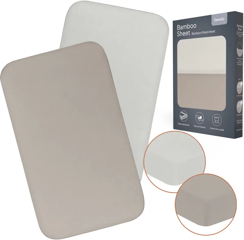 Bamboo Sheet set van 2 hoeslaken 80×42 cm voor co-sleeper & wieg – universeel passend, natuurlijke bamboeviscose, zacht en ademend, elastiek geschikt voor matrassen tot 10 cm, wasbaar op 30°C by Lionelo in Beige – product photo