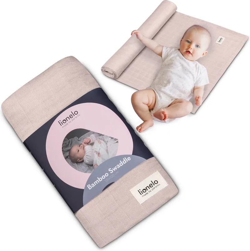 Bamboo Swaddle - Inbakerdoek / Babydeken 120x120 cm - 100% Bamboe Katoen - Antibacterieel, Schimmelwerend & Hypoallergeen - Thermoregulerend - Wasbaar - Zacht & Ademend - Voor Gevoelige Huid by Lionelo in Beige – product photo