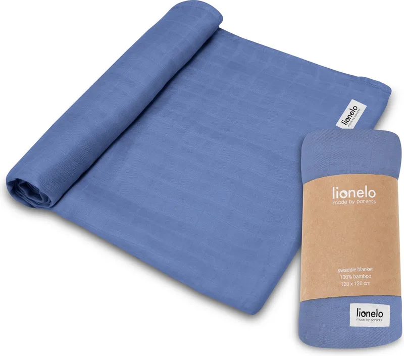 Bamboo Swaddle - Inbakerdoek / Babydeken 120x120 cm - 100% Bamboe Katoen - Antibacterieel, Schimmelwerend & Hypoallergeen - Thermoregulerend - Wasbaar - Zacht & Ademend - Voor Gevoelige Huid by Lionelo in Blue – product photo