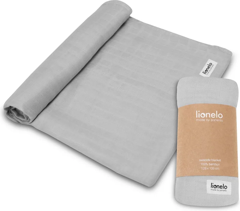 Bamboo Swaddle - Inbakerdoek / Babydeken 120x120 cm - 100% Bamboe Katoen - Antibacterieel, Schimmelwerend & Hypoallergeen - Thermoregulerend - Wasbaar - Zacht & Ademend - Voor Gevoelige Huid by Lionelo in Grey – product photo