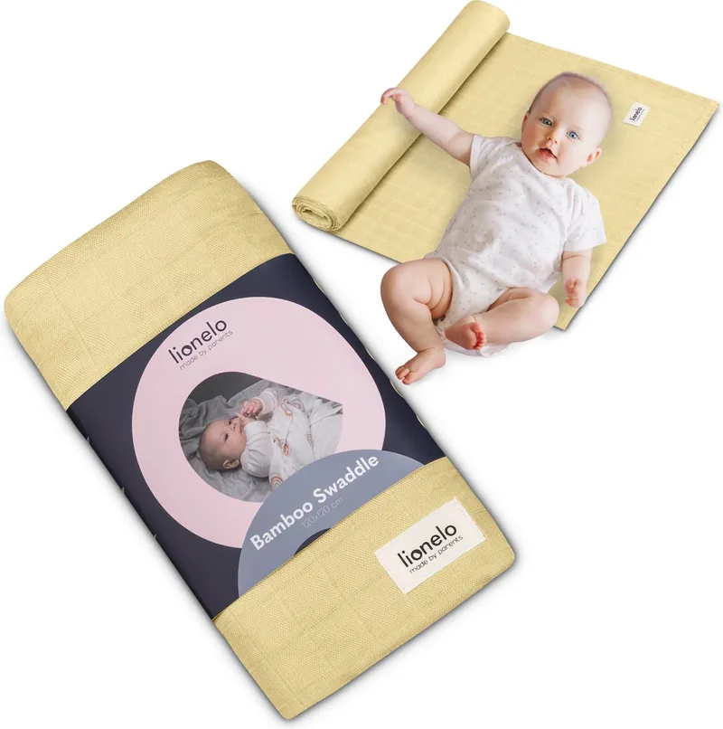 Bamboo Swaddle - Inbakerdoek / Babydeken 120x120 cm - 100% Bamboe Katoen - Antibacterieel, Schimmelwerend & Hypoallergeen - Thermoregulerend - Wasbaar - Zacht & Ademend - Voor Gevoelige Huid van Lionelo in Geel – productfoto