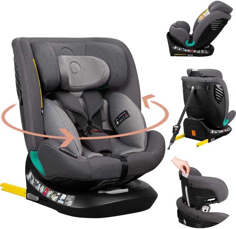 Bastiaan One - i-Size Autostoeltje 4in1 - 360° EasyTurn - ISOFIX & TopTether - Groep 0-1-2-3 - 40-150cm - R129 Goedgekeurd - Geavanceerde Zijbescherming - Memory Foam Hoofdsteun - 13-standen Verstelbaar - 4-traps Rugleuning - DriSeat Inzet by Lionelo in Grijs – product photo