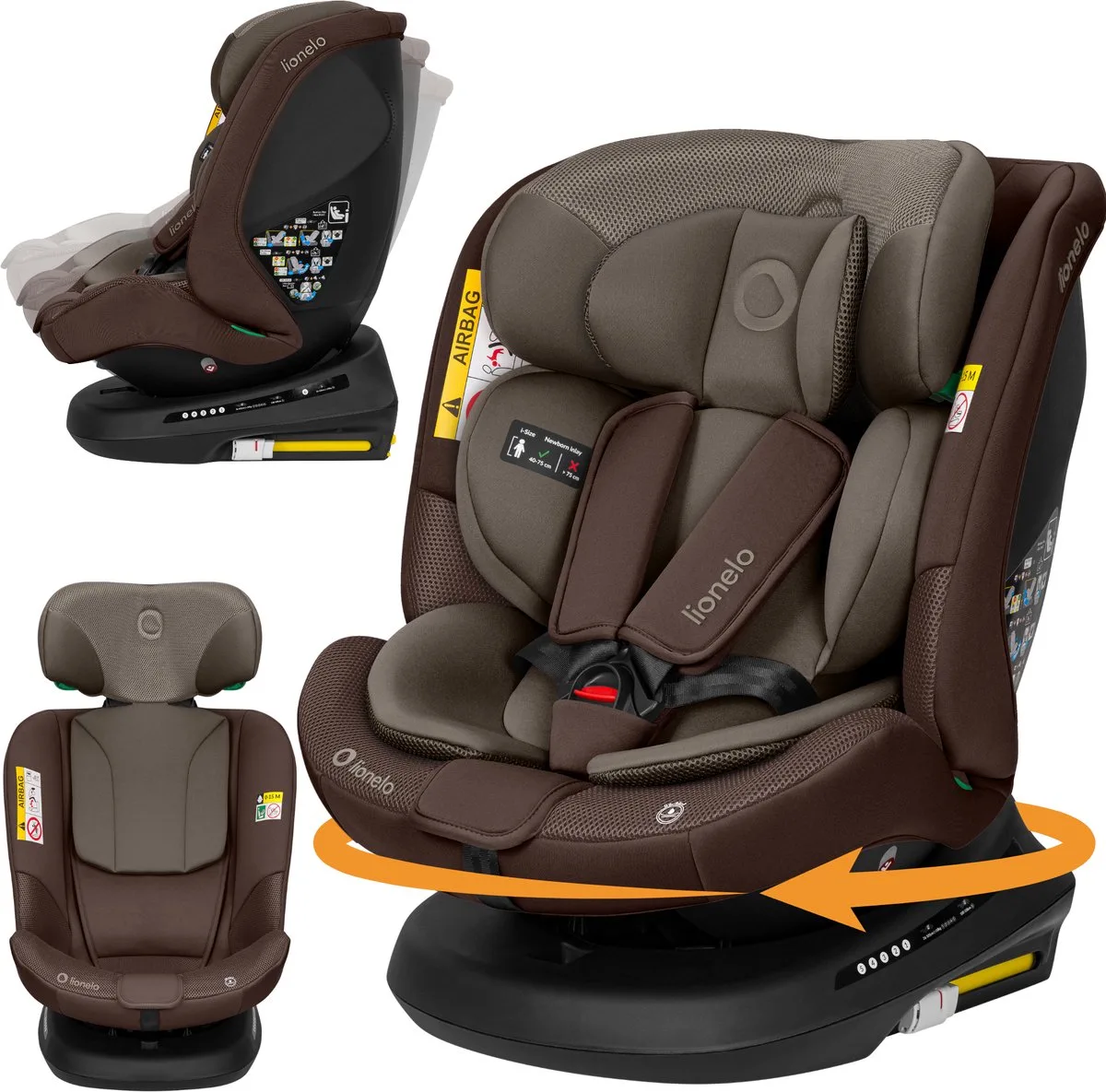 Bastiaan Plus i-Size 4in1 Autostoel ISOFIX 360° Draaibaar – Van Geboorte tot 12 Jaar (40-150 cm) – RWF & FWF – Elektronische Top Tether-Controle – Dri-Seat – 12-Standen Hoofdsteun – 5 Ligstanden – Brede Comfortzitting – i-Size by Lionelo in Beige – product photo