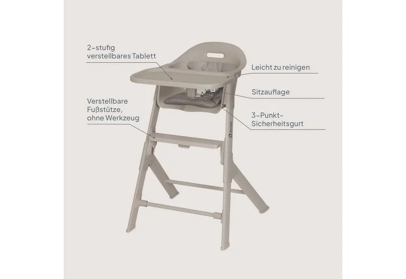 Beny – Hoge Kinderstoel 6–36 Maanden – 3-puntsgordel – Verstelbaar Dienblad & Voetsteun – Wasbare Inleg – Compact & Lichtgewicht by Lionelo in Beige – product photo 2 of 5