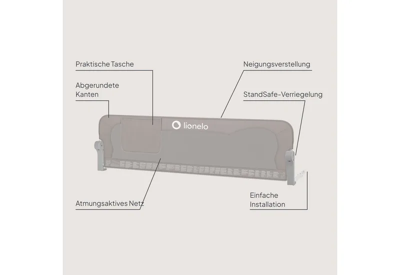 Bedrail Eva (twee veiligheidsgordels, kantelverstelling, eenvoudige montage), eenvoudige montage, opklapbaar om 180 graden, robuuste constructie van Lionelo in Grijs – productfoto 4 van 4