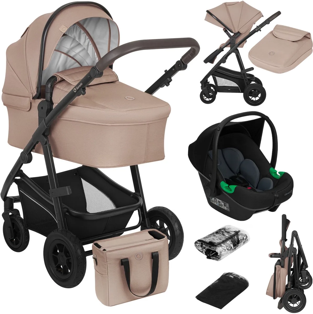 Bianka Kinderwagen 3 in 1 - incl. Astrid i-Size Lite Autostoel - 0-22kg - XXL - Wandelwagen / Buggy 3in1 - Verstelbare duwstang - Opvouwbaar - Accessoireset - XXL UPF50+ zonnekap - Luchtbanden met vering - Reiswieg van Lionelo in Beige – productfoto