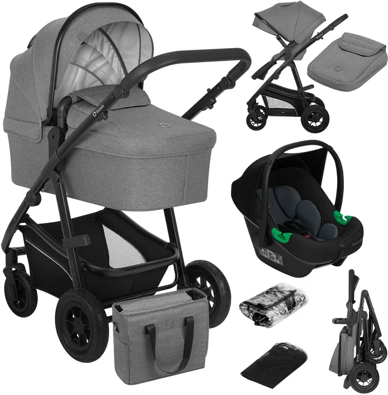 Bianka Kinderwagen 3 in 1 – Reiswieg, Wandelwagen & Autostoel – Compact Opvouwbaar – Omkeerbare Zitting – Luchtbanden met Vering – XXL UPF50+ Capuchon – 0-22 kg – Complete Accessoireset - Astrid i-Size Lite Autostoel de Lionelo en Grijs – photo produit