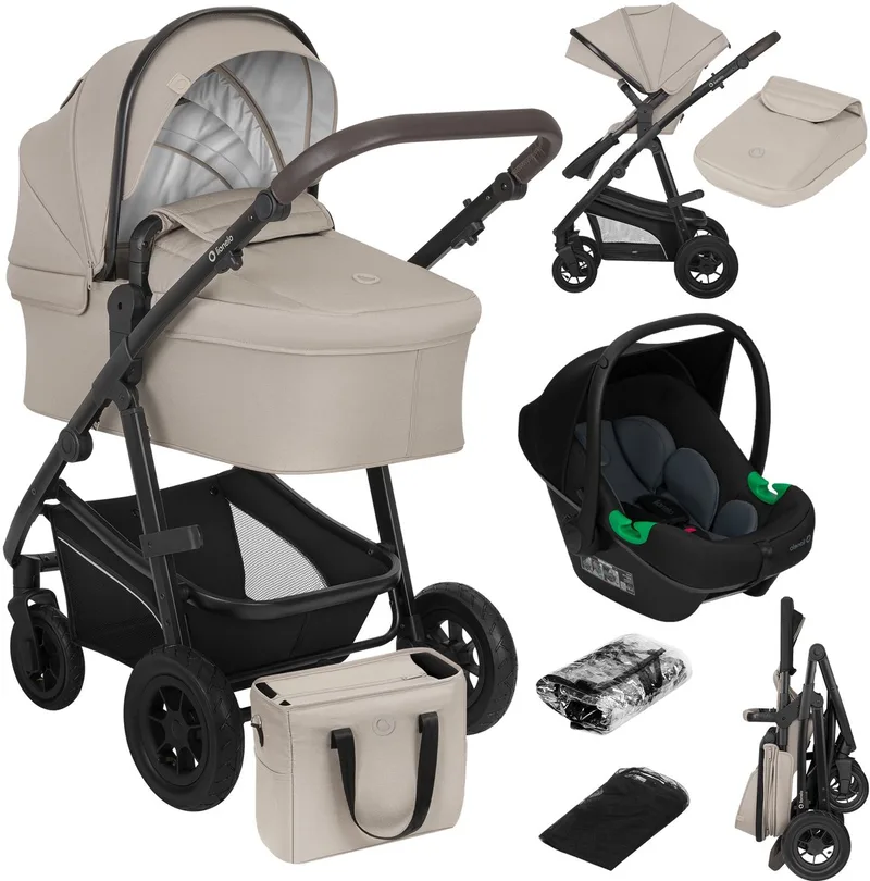 Bianka Kinderwagen 3 in 1 - Reiswieg + Wandelwagen + Autostoel - Grote Luchtbanden, Volledige Vering - Inklapbaar - Verstelbare duwstang - Buggy Omkeerbare Zitting - 0-22kg - Accessoireset by Lionelo in Beige – product photo
