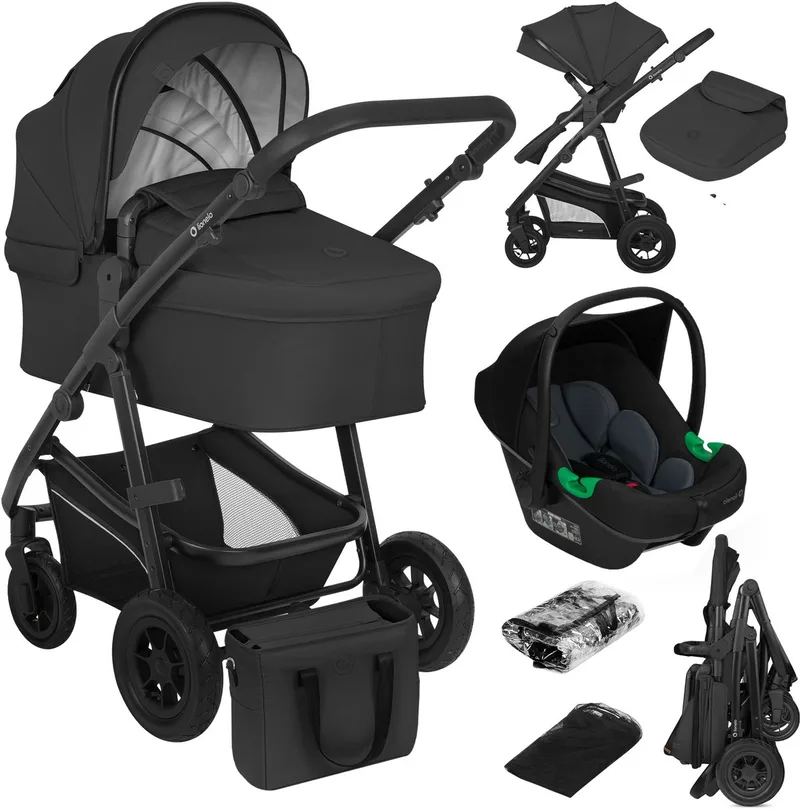 Bianka Kinderwagen 3 in 1 - Reiswieg + Wandelwagen + Autostoel - Grote Luchtbanden, Volledige Vering - Inklapbaar - Verstelbare duwstang - Buggy Omkeerbare Zitting - 0-22kg - Accessoireset de Lionelo en Zwart – photo produit