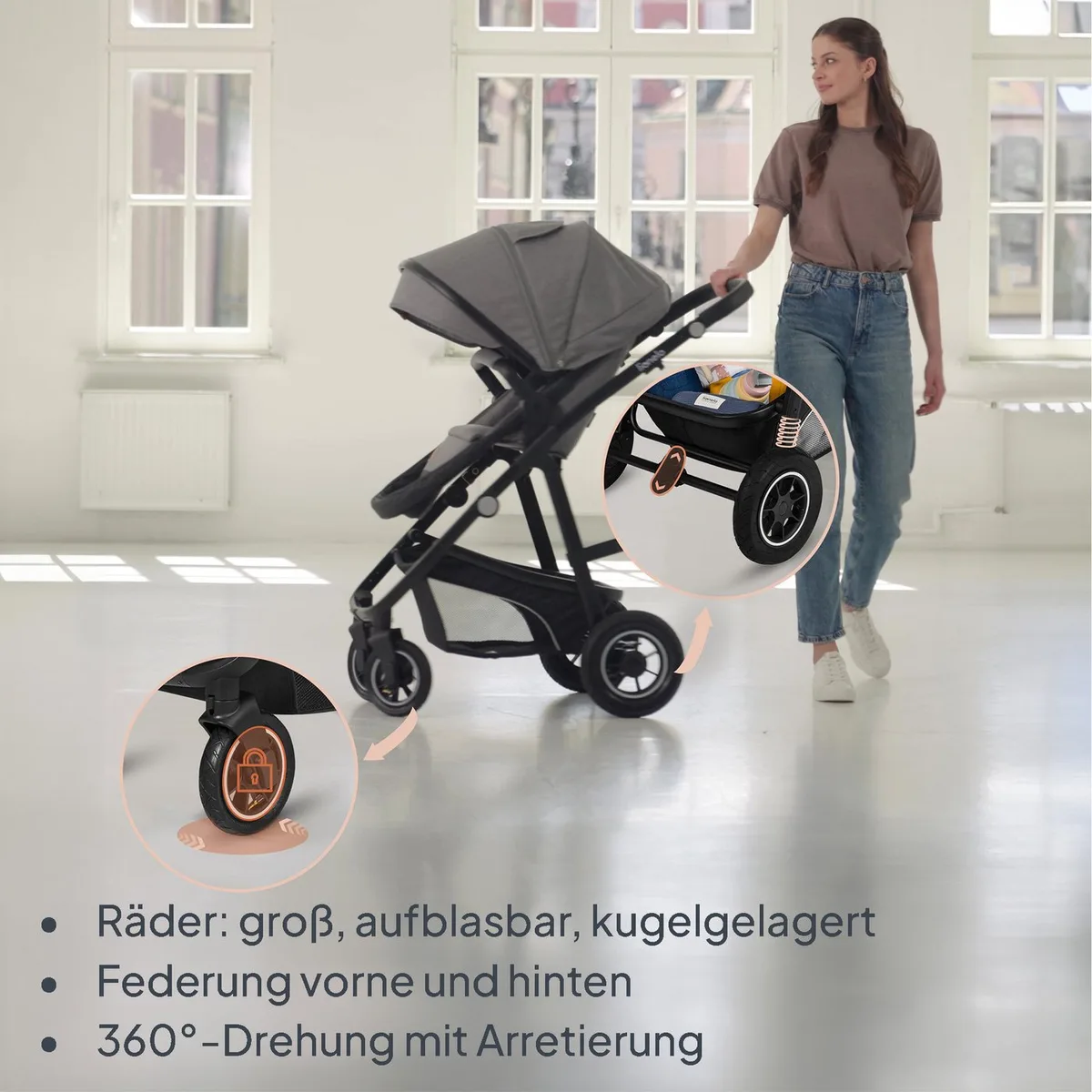 Bianka Kinderwagen 3 in 1 - Reiswieg + Wandelwagen + Autostoel - Grote Luchtbanden, Volledige Vering - Inklapbaar - Verstelbare duwstang - Buggy Omkeerbare Zitting - 0-22kg - Accessoireset van Lionelo in Zwart – productfoto 4 van 4