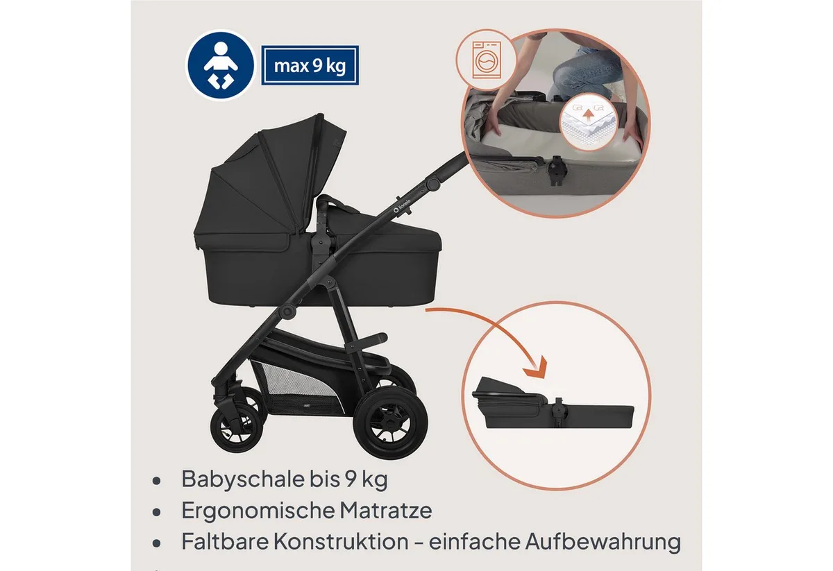 Bianka Kinderwagen 3 in 1 - Reiswieg + Wandelwagen + Autostoel - Grote Luchtbanden, Volledige Vering - Inklapbaar - Verstelbare duwstang - Buggy Omkeerbare Zitting - 0-22kg - Accessoireset van Lionelo in Zwart – productfoto 3 van 4