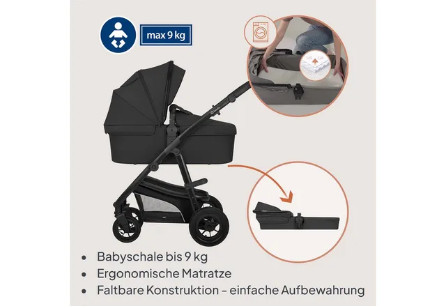 Bianka Kinderwagen 3 in 1 - Reiswieg + Wandelwagen + Autostoel - Grote Luchtbanden, Volledige Vering - Inklapbaar - Verstelbare duwstang - Buggy Omkeerbare Zitting - 0-22kg - Accessoireset van Lionelo in Zwart – productfoto 3 van 4