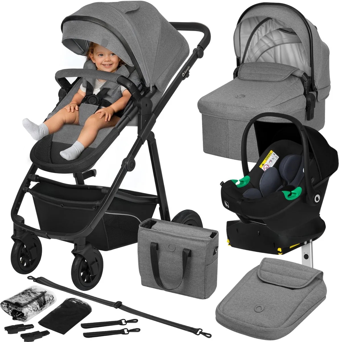 Bianka - Kinderwagen 4 in 1 - incl. Autostoel & ISOFIX Basis - 0-22kg - XXL - Buggy 4in1 - Verstelbare Duwstang - Opvouwbaar - Accessoireset - XXL Zonnekap - Gelagerde Wielen - Reiswieg - Volledige Vering de Lionelo en Gris – photo produit