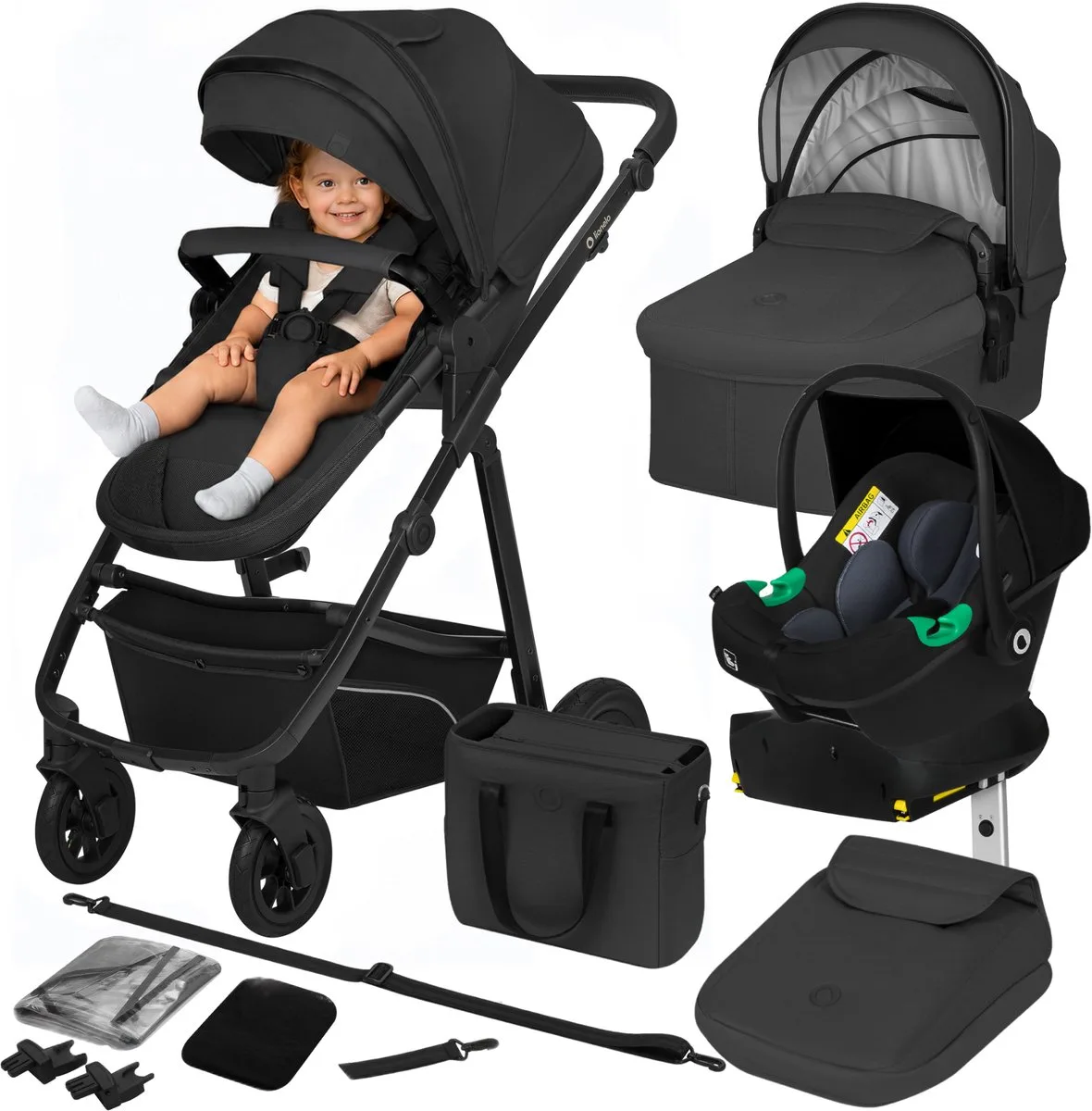 Bianka - Kinderwagen 4 in 1 - incl. Autostoel & ISOFIX Basis - 0-22kg - XXL - Buggy 4in1 - Verstelbare Duwstang - Opvouwbaar - Accessoireset - XXL Zonnekap - Gelagerde Wielen - Reiswieg - Volledige Vering van Lionelo in Zwart – productfoto