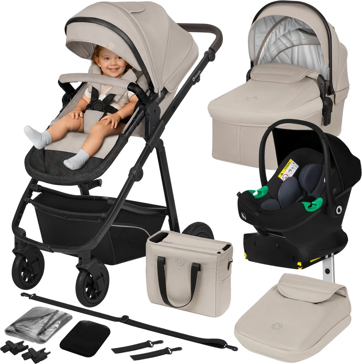 Bianka - Kinderwagen 4 in 1 - incl. Autostoel & ISOFIX Basis - 0-22kg - XXL - Buggy 4in1 - Verstelbare Duwstang - Opvouwbaar - Accessoireset - XXL Zonnekap - Gelagerde Wielen - Reiswieg - Volledige Vering by Lionelo in Beige – product photo