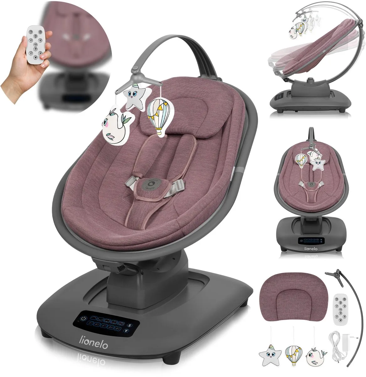 Blossom Elektrische Schommelstoel – 5 Schommelstanden – Ademend Bamboe Stof – Afstandsbediening – 5 Melodieën & Natuurgeluiden – Wipstoel Baby's – Traploze Verstelling – 5-Punts Gordel – Geschikt tot 9 kg van Lionelo in Roze – productfoto