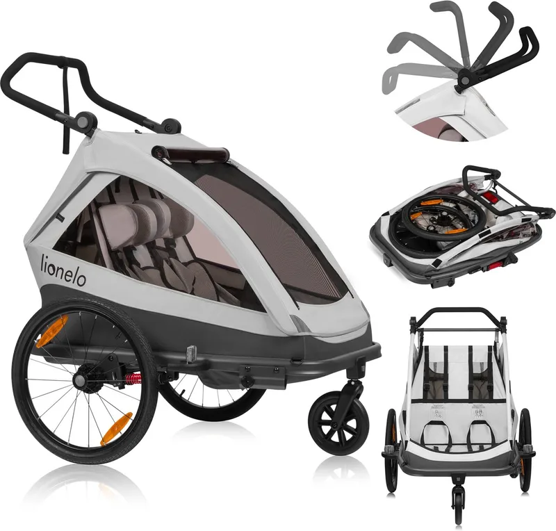 Cama Fietskar 2in1 - Fiets aanhanger + Kinderwagen voor 2 Kinderen - 360° Voorwiel - 60L Bagageruimte - Full Vering - 5-Punts Gordels - Grote Luchtbanden - UPF50+ & Waterafstotend - Kinderfietskar & Buggy Inklapbaar - Wandelwagen - Tot 2x22kg de Lionelo en Grijs – photo produit