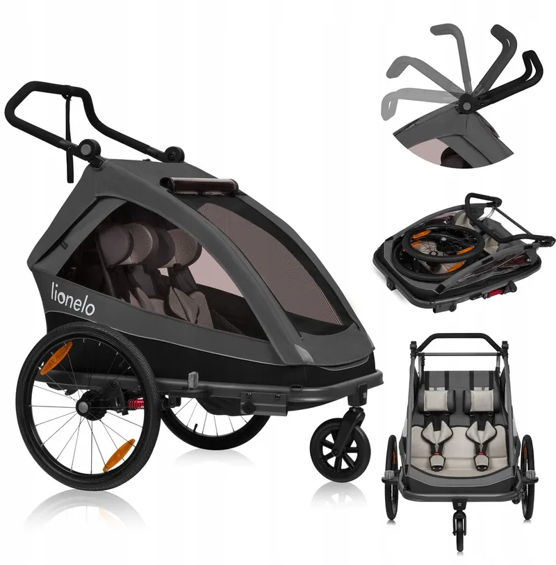 Cama Fietskar 2in1 - Fiets aanhanger + Wandelwagen voor 2 Kinderen - 360° Voorwiel - 60L Bagageruimte - Full Vering - 5-Punts Gordels - Grote Luchtbanden - UPF50+ & Waterafstotend - Kinderfietskar & Buggy Inklapbaar - Kinderwagen - Tot 2x22kg by Lionelo in Grijs – product photo
