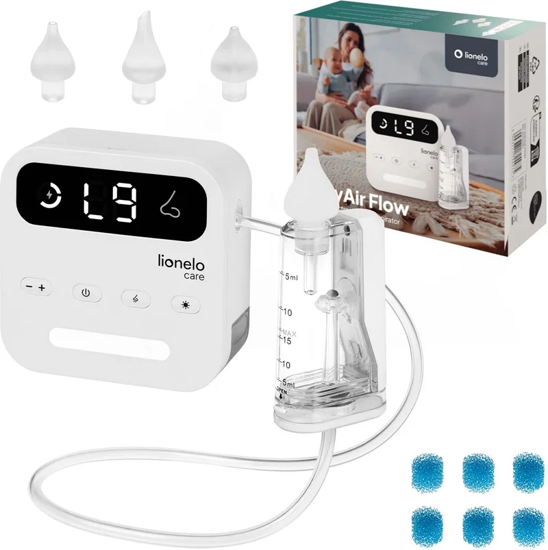 Care BabyAir – Neusreiniger Baby – Krachtige Neuszuiger: 65 kPa – Zuigkracht 7,5 l/min – Draadloos: 1500 mAh – LED Nachtlicht – 9 Zuigstanden – 3x Zachte Siliconen Tips – USB-C – Elektrische Neuspeer / Aspirator – Neusdouche by Lionelo – product photo