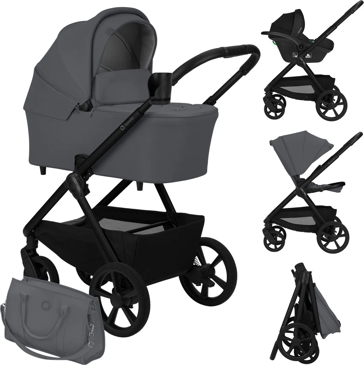 Carmine Kinderwagen 3 in 1 – Inclusief Astrid i-Size Autostoel – GravelTech All-Terrain Wielen – 3D Ventilatie & AiryDots Matras – Anti-Reflux Reiswieg – Comfortabele Vering – Inklapbaar met Zitting – UPF50+ – Complete Accessoireset de Lionelo en Gris – photo produit