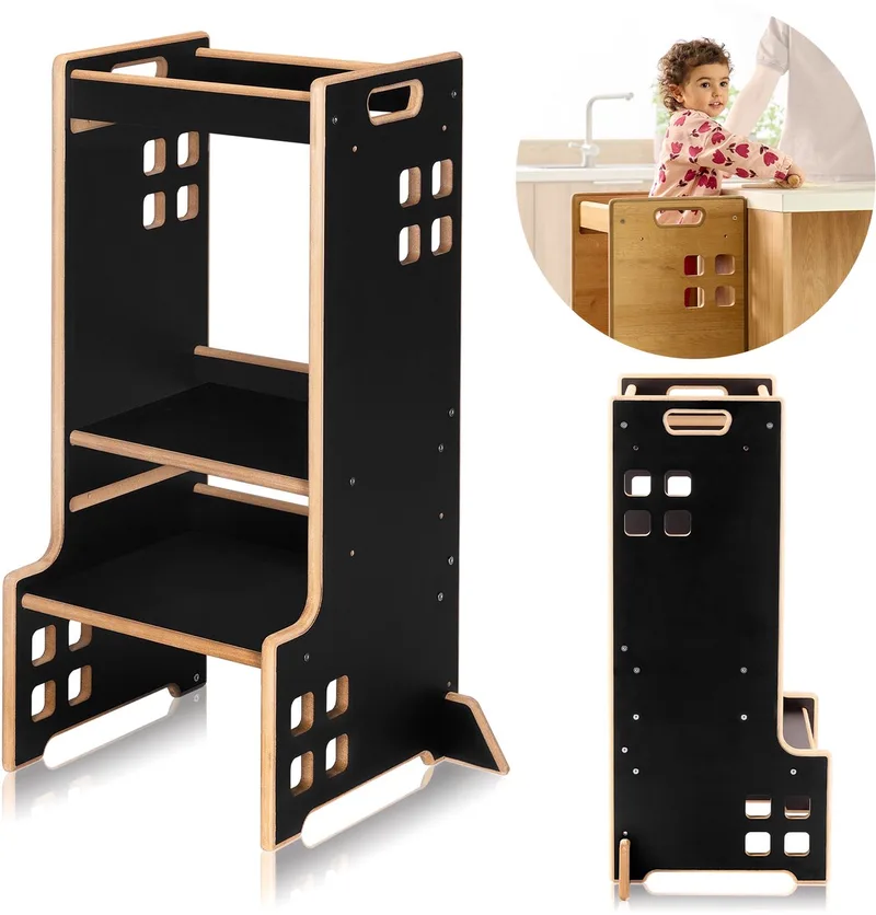 Cass 2-in-1 Montessori Leertoren & Boekenplank - Houten Keukenhulp - Verstelbaar in 3 Hoogtes - Extra Stabiel & Veilig - Afgeronde Randen - Draaggrepen - Gemakkelijk te Reinigen von Lionelo in Schwarz – Produktfoto