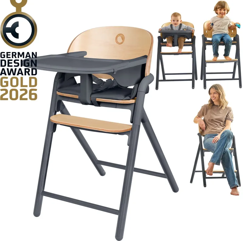 Celia 3-in-1 Houten Kinderstoel – Van Baby tot Volwassene – Verstelbare Zitting & Voetsteun – 5-punts Gordel – Eco-leer Bekleding – Inclusief BabySet & Eetblad – Draagvermogen tot 110 kg de Lionelo en Grijs – photo produit