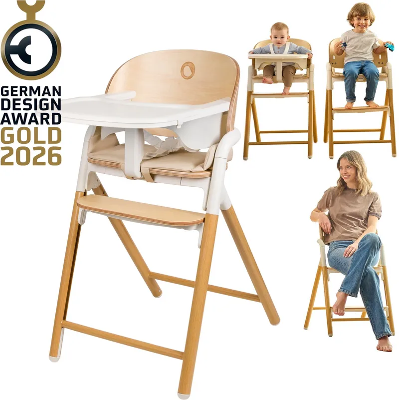 Celia 3-in-1 Houten Kinderstoel – Van Baby tot Volwassene – Verstelbare Zitting & Voetsteun – 5-punts Gordel – Eco-leer Bekleding – Inclusief BabySet & Eetblad – Draagvermogen tot 110 kg by Lionelo in Wit – product photo