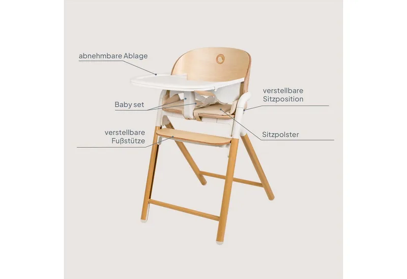 Celia 3-in-1 Houten Kinderstoel – Van Baby tot Volwassene – Verstelbare Zitting & Voetsteun – 5-punts Gordel – Eco-leer Bekleding – Inclusief BabySet & Eetblad – Draagvermogen tot 110 kg von Lionelo in Weiß – Produktfoto 2 von 4