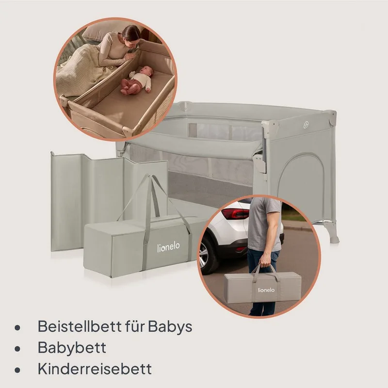 Ellen Reisbedje 3 in 1 – Aanschuifbedje, Baby- & Peuterbed - Co-Sleeper - Campingbed – 2 Matrasposities – Opvouwbaar – Wieltjes met Rem – Inclusief Draagtas – Tot 15 kg von Lionelo in Beige – Produktfoto 3 von 5