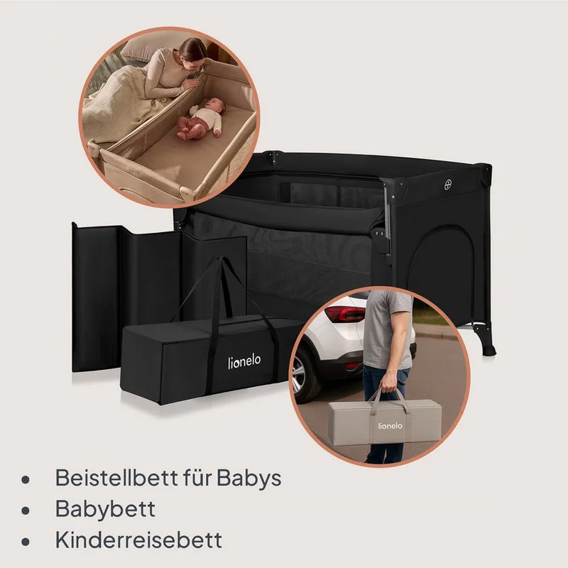 Ellen Reisbedje 3 in 1 – Aanschuifbedje, Baby- & Peuterbed - Co-Sleeper -– Campingbed – 2 Matrasposities – Opvouwbaar – Wieltjes met Rem – Inclusief Draagtas – Tot 15 kg by Lionelo in Black – product photo 3 of 5