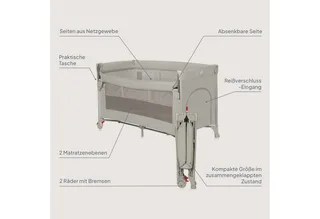 Ellen Reisbedje 3 in 1 – Aanschuifbedje, Baby- & Peuterbed - Co-Sleeper - Campingbed – 2 Matrasposities – Opvouwbaar – Wieltjes met Rem – Inclusief Draagtas – Tot 15 kg von Lionelo in Beige – Produktfoto 2 von 5