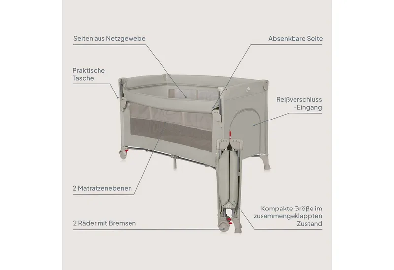Ellen Reisbedje 3 in 1 – Aanschuifbedje, Baby- & Peuterbed - Co-Sleeper - Campingbed – 2 Matrasposities – Opvouwbaar – Wieltjes met Rem – Inclusief Draagtas – Tot 15 kg von Lionelo in Beige – Produktfoto 2 von 5