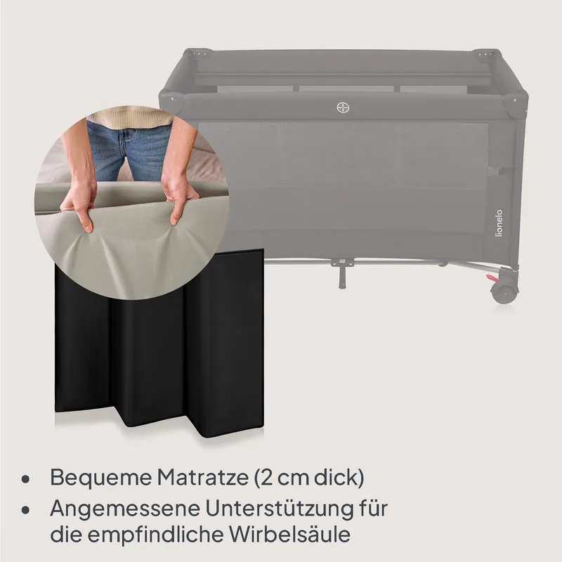 Ellen Reisbedje 3 in 1 – Aanschuifbedje, Baby- & Peuterbed - Co-Sleeper -– Campingbed – 2 Matrasposities – Opvouwbaar – Wieltjes met Rem – Inclusief Draagtas – Tot 15 kg by Lionelo in Black – product photo 4 of 5