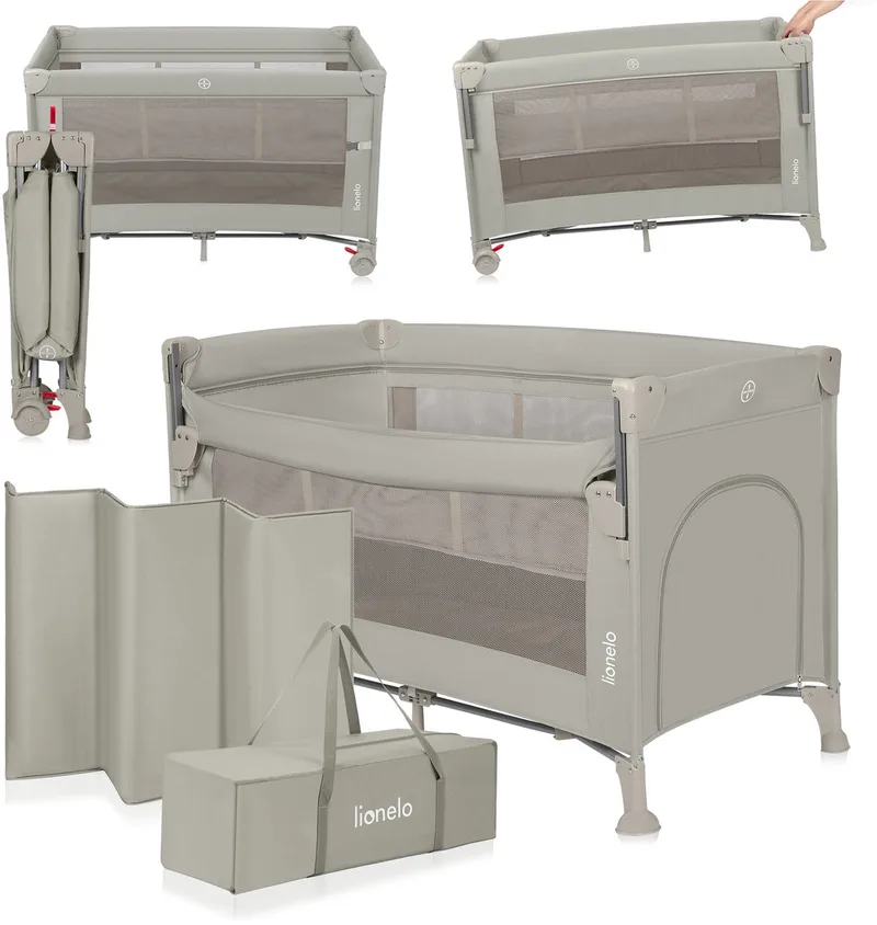Ellen Reisbedje 3 in 1 – Aanschuifbedje, Baby- & Peuterbed - Co-Sleeper - Campingbed – 2 Matrasposities – Opvouwbaar – Wieltjes met Rem – Inclusief Draagtas – Tot 15 kg by Lionelo in Beige – product photo