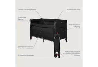 Ellen Reisbedje 3 in 1 – Aanschuifbedje, Baby- & Peuterbed - Co-Sleeper -– Campingbed – 2 Matrasposities – Opvouwbaar – Wieltjes met Rem – Inclusief Draagtas – Tot 15 kg by Lionelo in Black – product photo 2 of 5