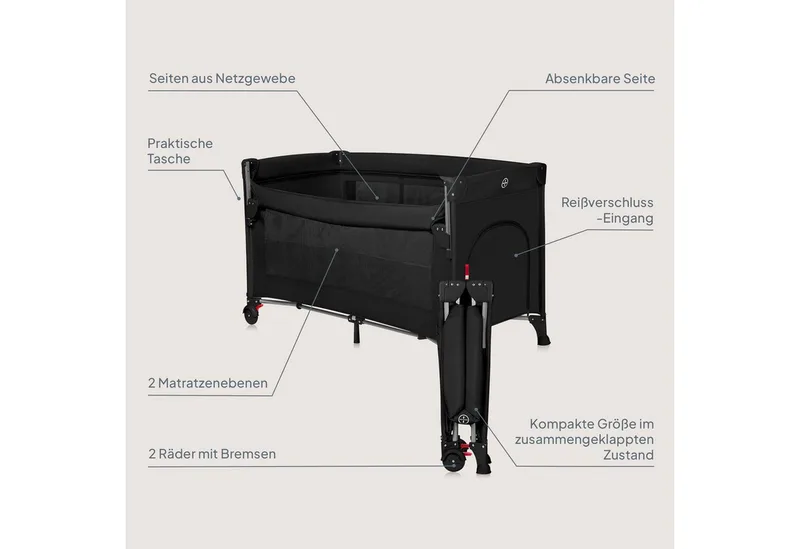Ellen Reisbedje 3 in 1 – Aanschuifbedje, Baby- & Peuterbed - Co-Sleeper -– Campingbed – 2 Matrasposities – Opvouwbaar – Wieltjes met Rem – Inclusief Draagtas – Tot 15 kg by Lionelo in Black – product photo 2 of 5