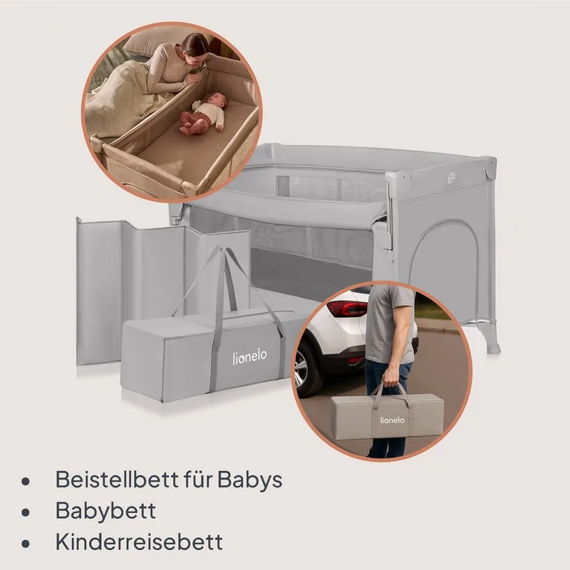 Ellen Reisbedje 3 in 1 – Aanschuifbedje, Baby- & Peuterbed - Co-Sleeper -– Campingbed – 2 Matrasposities – Opvouwbaar – Wieltjes met Rem – Inclusief Draagtas – Tot 15 kg by Lionelo in Grey – product photo 3 of 5