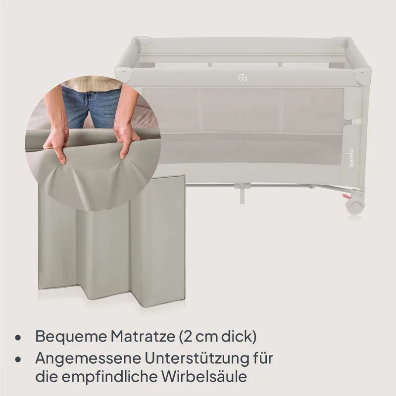 Ellen Reisbedje 3 in 1 – Aanschuifbedje, Baby- & Peuterbed - Co-Sleeper - Campingbed – 2 Matrasposities – Opvouwbaar – Wieltjes met Rem – Inclusief Draagtas – Tot 15 kg von Lionelo in Beige – Produktfoto 4 von 5