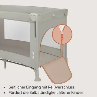 Ellen Reisbedje 3 in 1 – Aanschuifbedje, Baby- & Peuterbed - Co-Sleeper - Campingbed – 2 Matrasposities – Opvouwbaar – Wieltjes met Rem – Inclusief Draagtas – Tot 15 kg von Lionelo in Beige – Produktfoto 5 von 5