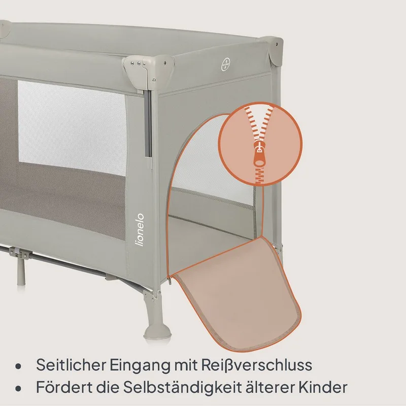 Ellen Reisbedje 3 in 1 – Aanschuifbedje, Baby- & Peuterbed - Co-Sleeper - Campingbed – 2 Matrasposities – Opvouwbaar – Wieltjes met Rem – Inclusief Draagtas – Tot 15 kg von Lionelo in Beige – Produktfoto 5 von 5
