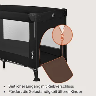 Ellen Reisbedje 3 in 1 – Aanschuifbedje, Baby- & Peuterbed - Co-Sleeper -– Campingbed – 2 Matrasposities – Opvouwbaar – Wieltjes met Rem – Inclusief Draagtas – Tot 15 kg by Lionelo in Black – product photo 5 of 5