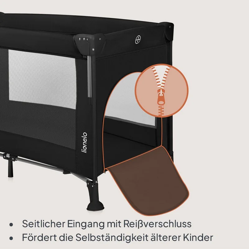 Ellen Reisbedje 3 in 1 – Aanschuifbedje, Baby- & Peuterbed - Co-Sleeper -– Campingbed – 2 Matrasposities – Opvouwbaar – Wieltjes met Rem – Inclusief Draagtas – Tot 15 kg by Lionelo in Black – product photo 5 of 5