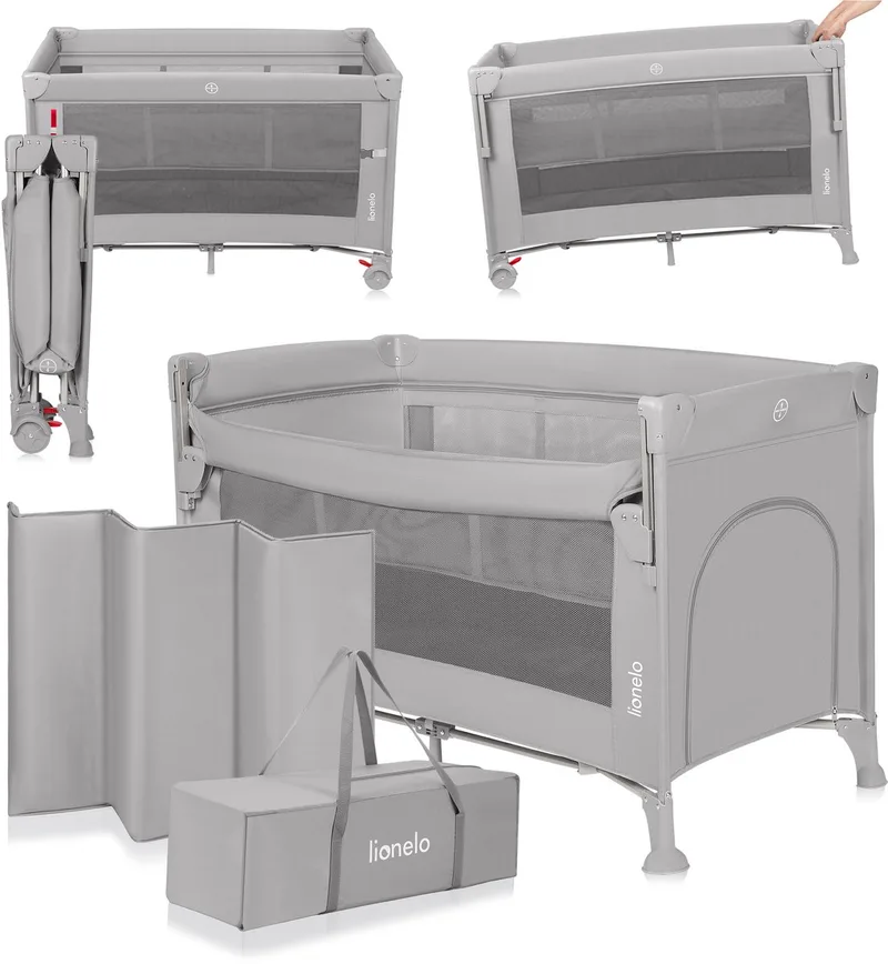 Ellen Reisbedje 3 in 1 – Aanschuifbedje, Baby- & Peuterbed - Co-Sleeper -– Campingbed – 2 Matrasposities – Opvouwbaar – Wieltjes met Rem – Inclusief Draagtas – Tot 15 kg by Lionelo in Grijs – product photo