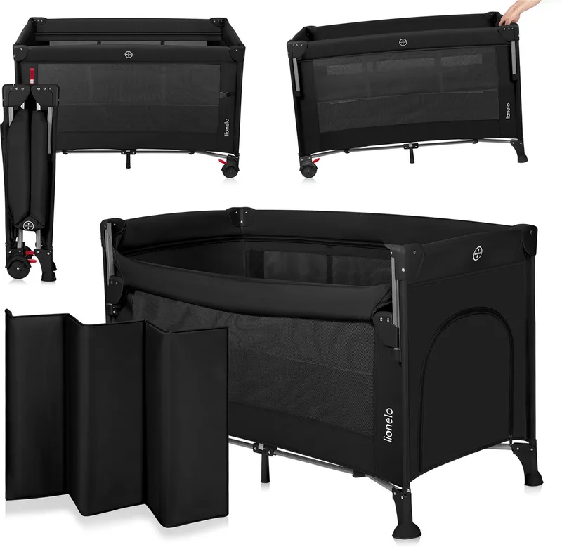 Ellen Reisbedje 3 in 1 – Aanschuifbedje, Baby- & Peuterbed - Co-Sleeper -– Campingbed – 2 Matrasposities – Opvouwbaar – Wieltjes met Rem – Inclusief Draagtas – Tot 15 kg de Lionelo en Zwart – photo produit