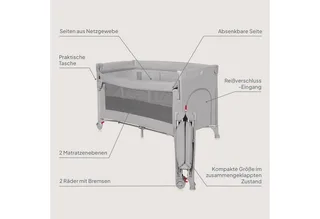 Ellen Reisbedje 3 in 1 – Aanschuifbedje, Baby- & Peuterbed - Co-Sleeper -– Campingbed – 2 Matrasposities – Opvouwbaar – Wieltjes met Rem – Inclusief Draagtas – Tot 15 kg by Lionelo in Grey – product photo 2 of 5