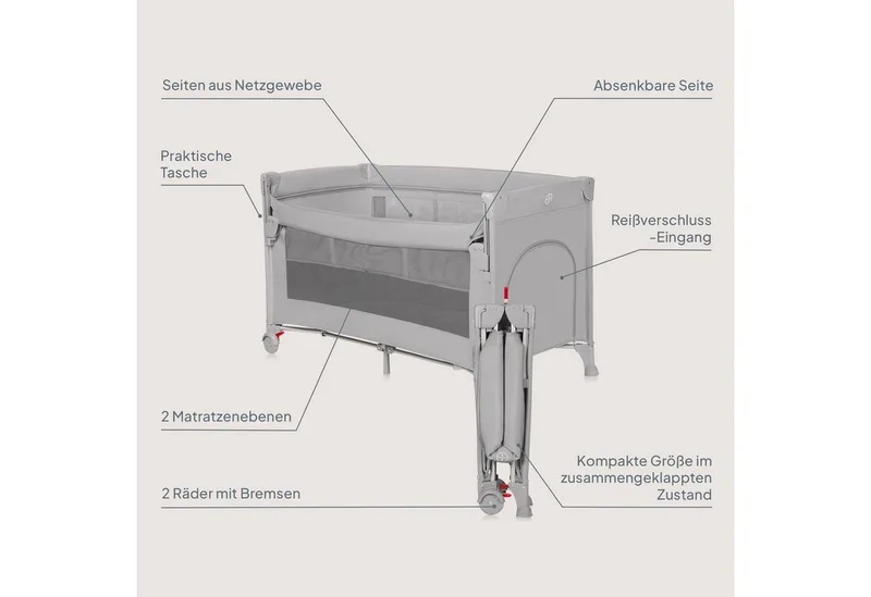 Ellen Reisbedje 3 in 1 – Aanschuifbedje, Baby- & Peuterbed - Co-Sleeper -– Campingbed – 2 Matrasposities – Opvouwbaar – Wieltjes met Rem – Inclusief Draagtas – Tot 15 kg by Lionelo in Grey – product photo 2 of 5